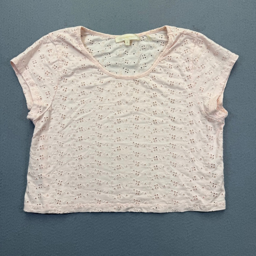 LoveShackFancy Pink Cotton Eyelet Crop Top Short Sleeve Scoop Neck Womens Size M